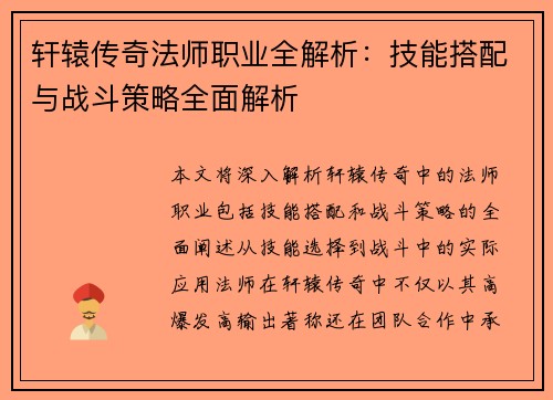 轩辕传奇法师职业全解析：技能搭配与战斗策略全面解析